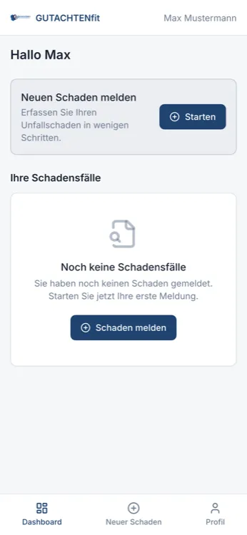 SchadenPilot: Übersicht mit dem Knopf „Neuen Schaden melden“
