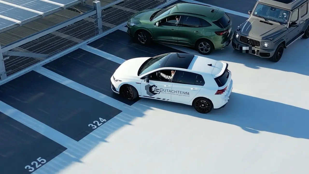 Das weiße GUTACHTENfit-Auto fährt auf dem Parkdeck zu den beiden Unfallautos