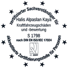Siegel von IQ-ZERT: zertifizierter Sachverständiger für Kraftfahrzeugschäden und -bewertung, Halis Alpaslan Kaya, Zertifikat S 1798, nach DIN EN ISO/IEC 17024